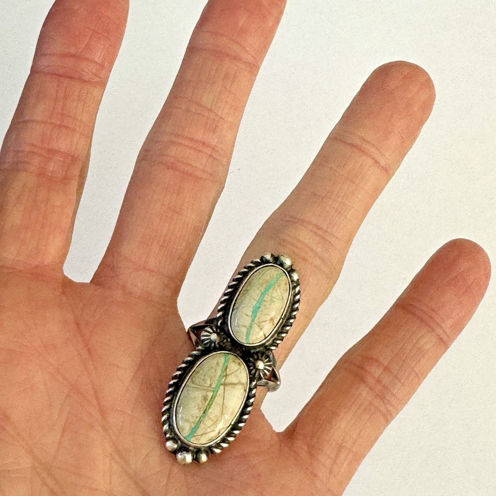 Navajo Ribbon Turquoise Ring 2 Stone Size 7 Signed R Shakey Long Sterling - Picture 2 of 7